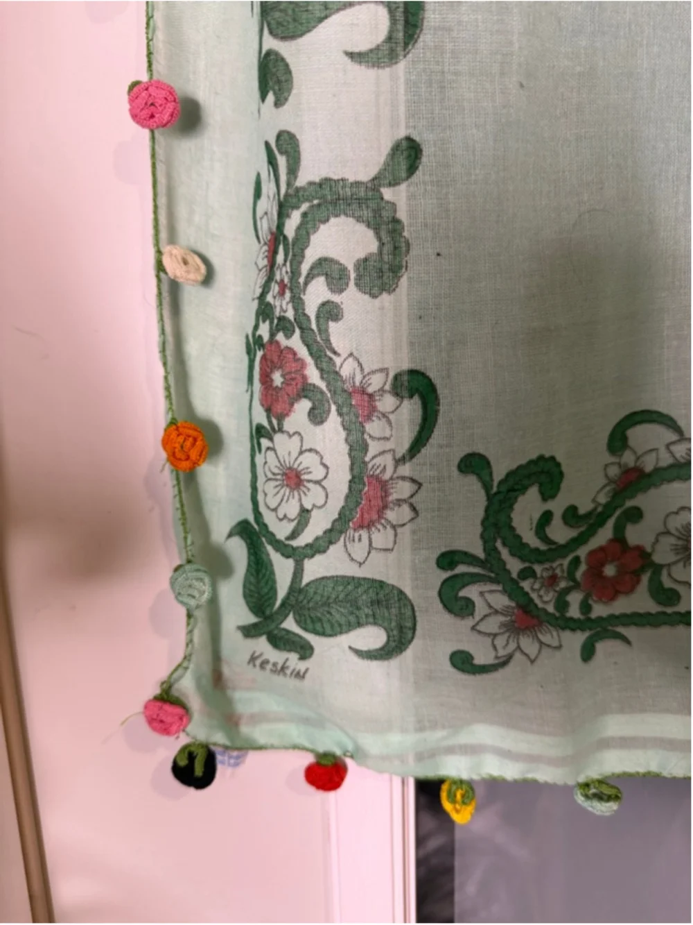Keskin Light Green Floral Square Scarf with Flower Trim